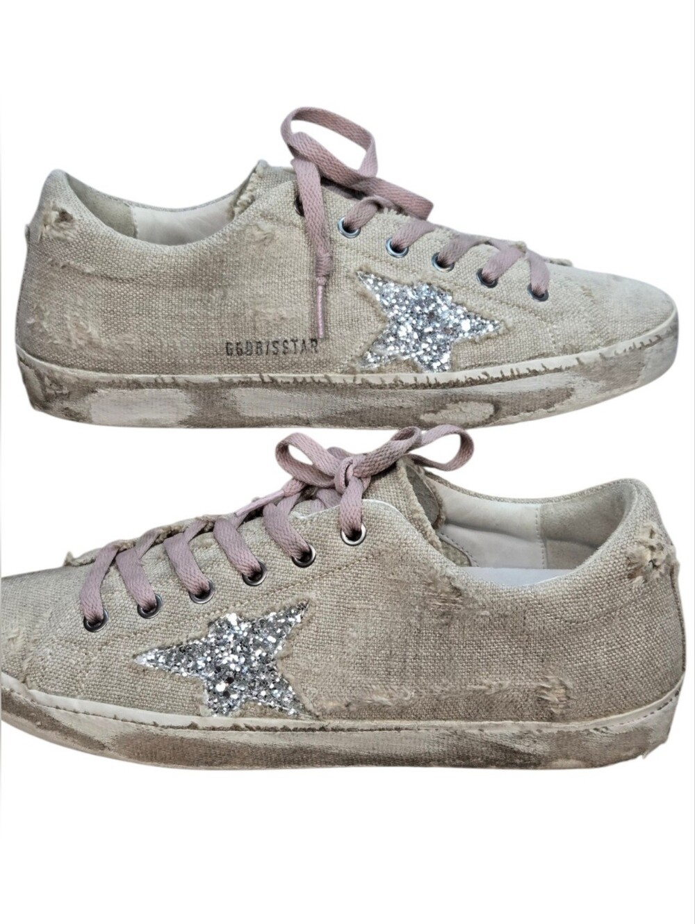 Golden Goose Superstar Distressed Linen Glitter Star Sneakers Pink Laces EU 40 - Picture 5 of 16